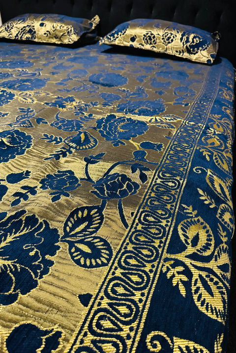 Roses Print Velvet golden zari Work Bed Sheet (275cm x 265cm)king size King Size Bedsheet With Double Pillow Cover