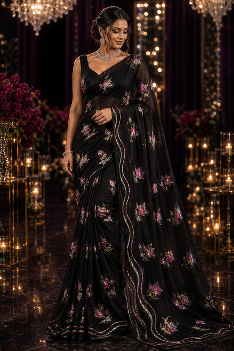 Soft Chiffon Saree with all-over shimmery floral print and delicate handwork detailing. Lightweight, soft and beautifully draping. Blouse piece attached; model blouse is for reference only. Slight variation in colour and design is possible.