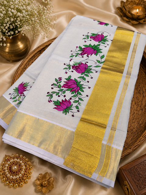 KERALA Gold Tissue SAREE WITH BEAUTIFUL FLORAL PRINT (slight variation in color & design is possible)