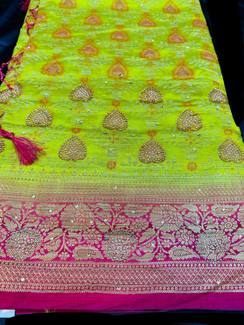Lime & pink color Beautiful brocade art silk Saree with stone work