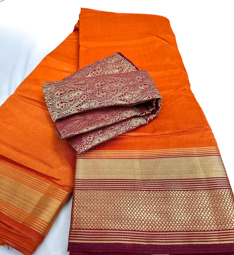 Soft Silk based Broad zari border Saree with Contrast Brocade silk based Blouse