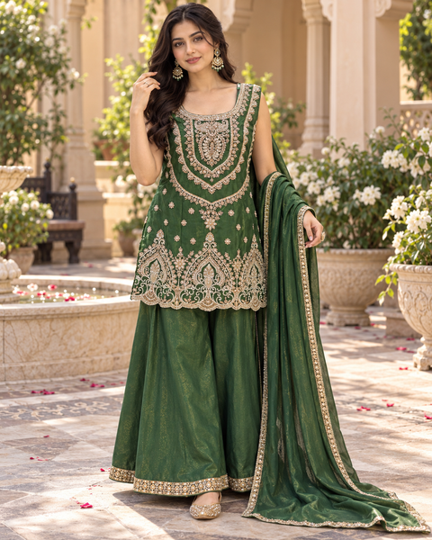 soft Georgette Silk outfit featuring exquisite handwork embroidery all over the kameez, matching loose circular palazzo with handwork detailing, and a beautiful golden-bordered dupatta.Slight variation in colour and design is possible