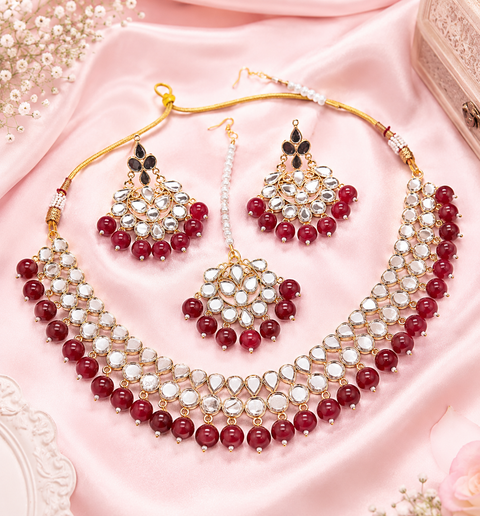 Elegant mirror necklace set adorned with beads and pearl detailing, perfect for adding a royal touch to your traditional look
 ( slight variation in color and design is possible )