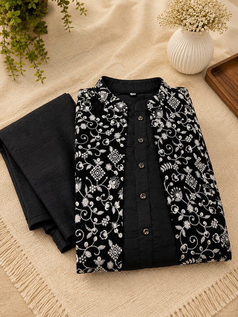 Embroidery work Velvet Jacket With Raw Silk Based Kurta & pants (slight variation in color and design is possible)