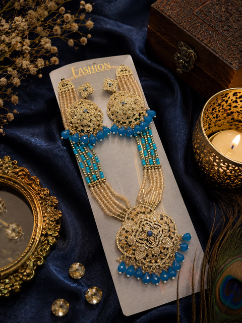 Crystal pearls with fine golden Jerkan stone With Pearls Beaded Necklace Set With Beautiful Earrings (slight variations in color and design is possible)