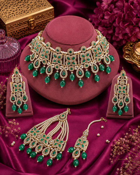 Bottle green  stones with jerkan stones & moti work beautiful necklace set with pasa (slight variation in color and design is possible)