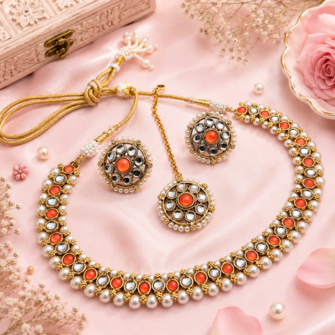 Kundan and Pearls work beautiful necklace set with Jhumka & Tikka