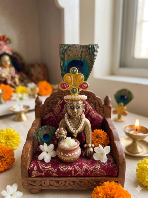 Elegant small Krishna crown adorned with a peacock feather and colorful stone detailing.
Perfect accessory to give your Laddu Gopal idol a divine and royal look.