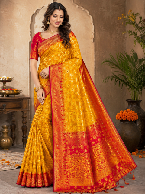 Elegant Art Silk Saree adorned with delicate zari-woven butis, a rich pallu and graceful tassel detailin,Comes with an unstitched running blouse piece attached to the saree (slight variation in color and design is possible