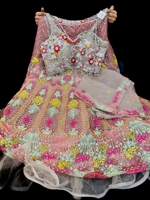 Stylish hand work heavy design crop top blouse with heavy work multiflared lehnga and netting dupatta