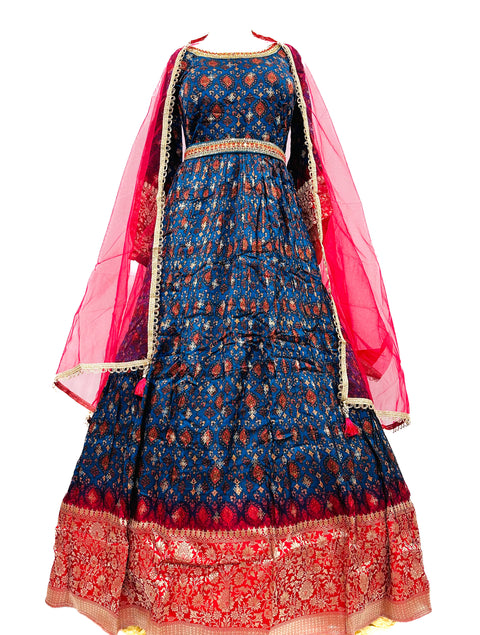 Silk based Patola silk print work with Stones design on neck beautiful flared Kameez and netting dupatta