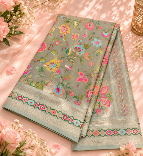 Banarasi tissue silk saree With Contrast Color Border & Pallu ,Dola Silk Beautiful Saree (Soft To Set The Pleate)Blouse Shown Is For Reference Only Blouse Piece Is Included With Saree As Unstitched(Slight Variation In Color And Design Is Possible)