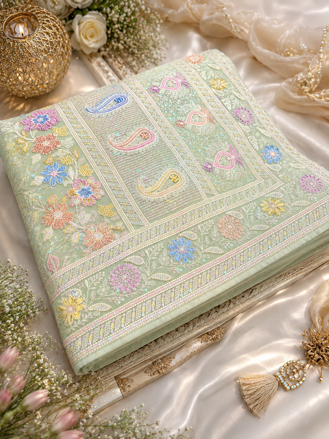 Pure Georgette Saree with beautiful pastel multicolor embroidery, rainbow sequins and delicate threadwork. 
Model blouse is for reference only. Blouse piece is attached with the saree. Slight variation in colour and design may occur.