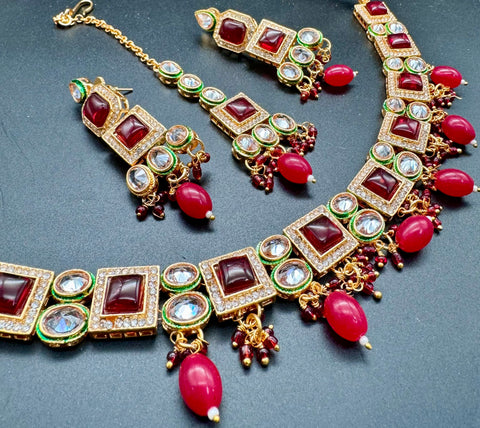 Kundan stone studded crystals with stone Work Necklace Set With Earrings & Tikka