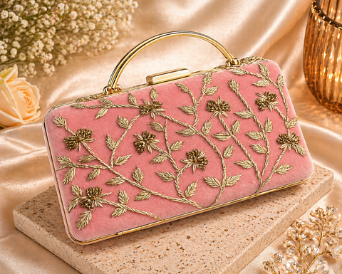 Handwork designer clutch bag with handle to carry with chain inside the clutch (can be attached or detached)
