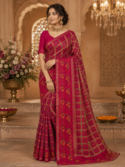 Beautiful Bandhani print work with Stones and embroidery design beautiful soft Georgette Saree Blouse Worn By The Model Is For Reference Purposes Only. The Blouse Piece Is Attached Separately With The Saree. Slight Variation In Color And Design May occur