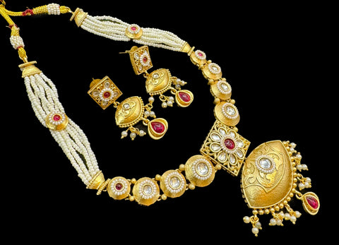 Mat look antique gold traditional necklace set with pearls and kundan work