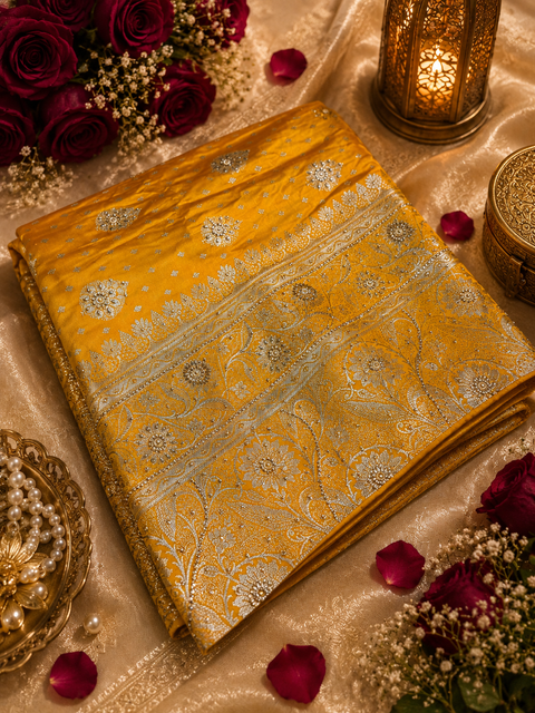 Luxurious Banarasi Silk Saree with rich zari weaving and elegant stone work on the pallu. Comes with an attached blouse piece. Model image is for reference only; slight variation in color and design may occur.