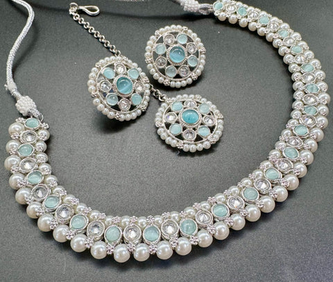 Kundan And Pearls Work Beautiful Necklace Set With studs & Tikka