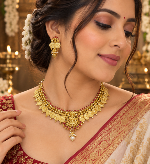 Elegant gold-finish Temple Jewellery Set Goddess Lakshmi  motif with beautifully Ruby stone accents. Comes with matching jhumka earrings(slight variation in color & design may occur)