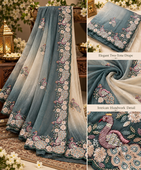 Smoky blue & ivory ombre shimmer organza saree with peacock floral handwork and scalloped border. Blouse worn by model is for reference only; actual blouse piece is attached. Slight variation in colour and design is possible.