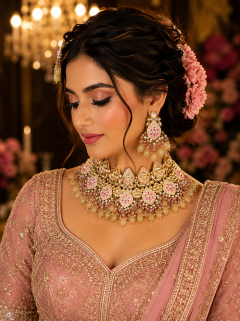 Peach colour Beautiful meenakari work with mustard golden pearls with Kundan Stones necklace set (slight variation in color and design is possible)