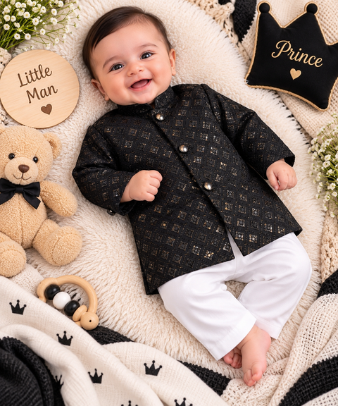 Soft Rayon chikankri sequin based Newborn Kurta Pajama Set with soft inner lining, easy front-open kurta & matching elasticated pajama for comfortable wear.Kurta L 35 cm,Chest 25 cm,Sleeve24 cm,Pajama L 33 cm.Slight variation in colour & design may occur
