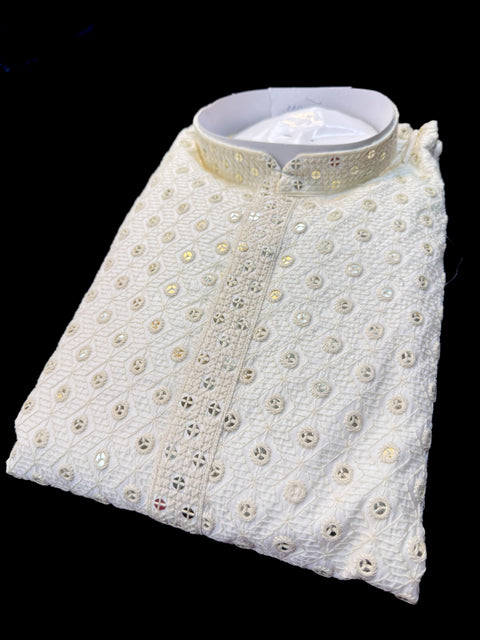 Cotton Silk based beautiful embroidery work at front and back with sequins work designer Kurta & cream golden color Pajama