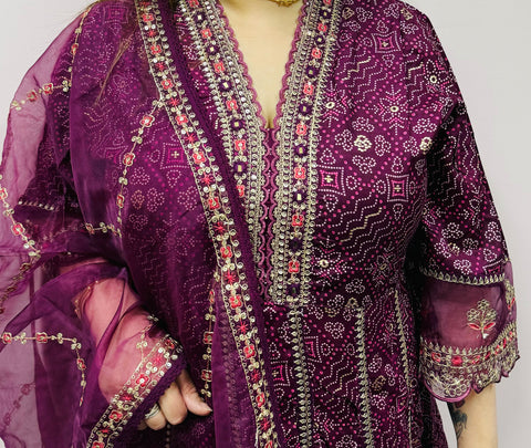 Pure & Soft Rayon Based Designer Embroidered & mirror  Work with bandhani print Flared Kurti With designer Plazo Pants & organza based embroidery Dupatta