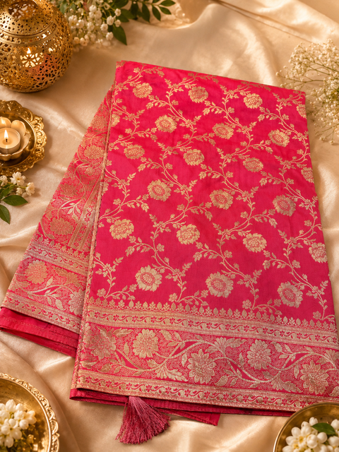 Soft & beautiful Banarsi Silk Saree(very soft to pleated set)Blouse Piece Is Included With The Saree As Unstitched Fabric(slight variation in color and design is possible