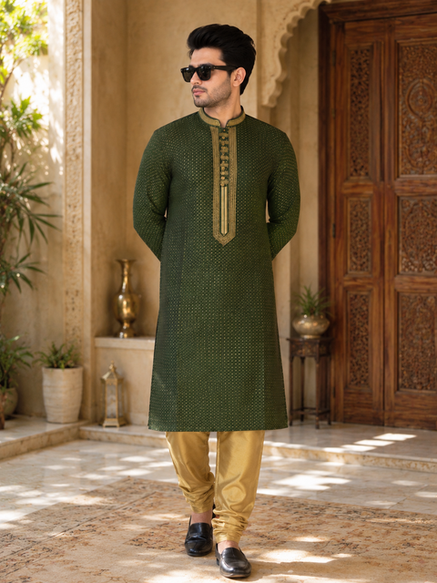 Mehndi green colour silk based all over embroidered mens kurta with Cream golden colour pajama pants (slight variation in color and design is possible )