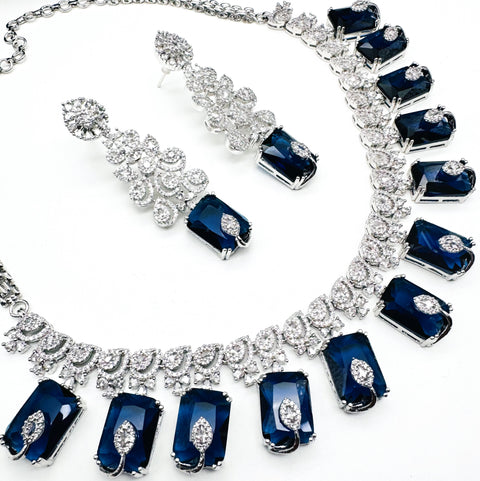 Beautiful American Diamond semi Bridal Necklace With Blue Sapphire Crystals