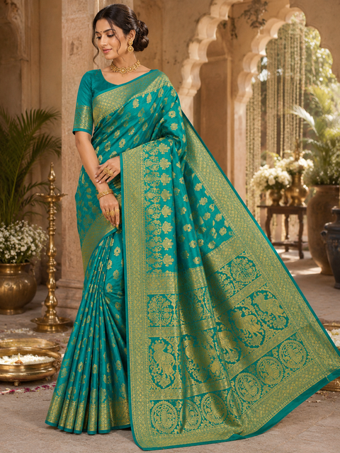 Premium soft Silk Saree with rich zari weaving and contrast woven pallu. featuring elegant dual-tone shades.Model-worn blouse is for reference only. Unstitched blouse piece is attached with saree(slight variation in color & design is possible)