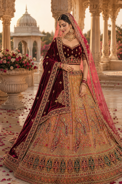 Silk based hand work with stones work multicolored embroidery design Heavy Ken ken Bridal designer lehnga with heavy handwork blouse and two Dupatta , with netting and with velvet (slight variation in color & design is possible)