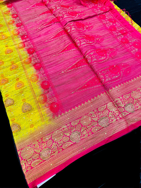 Lime & pink color Beautiful brocade art silk Saree with stone work