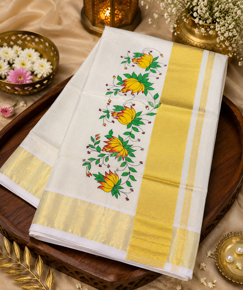 KERALA Gold Tissue SAREE WITH BEAUTIFUL FLORAL PRINT (slight variation in color & design is possible)