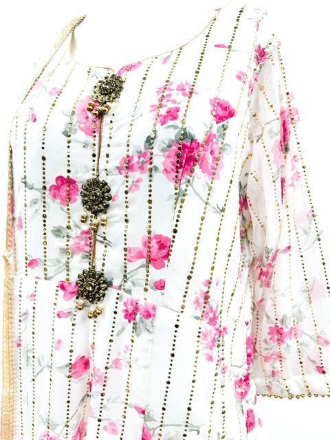 (Plus size )Georgette based Floral print mukaish work Gown