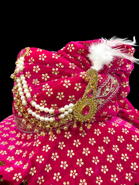Hot Pink colour velvet based golden printed Dulha Pagdi With dupatta set