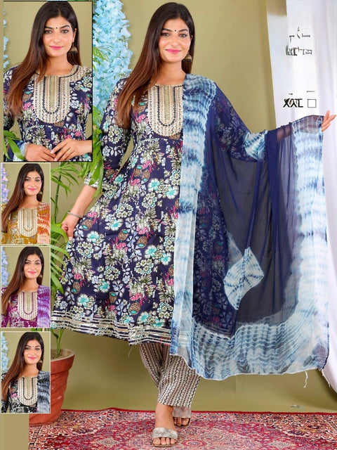 Rayon based embroidery work neck design flared kurti with pants & dupatta