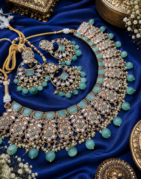 Original Polki stone with pearls beaded work beautiful necklace with jhumka and tikka set