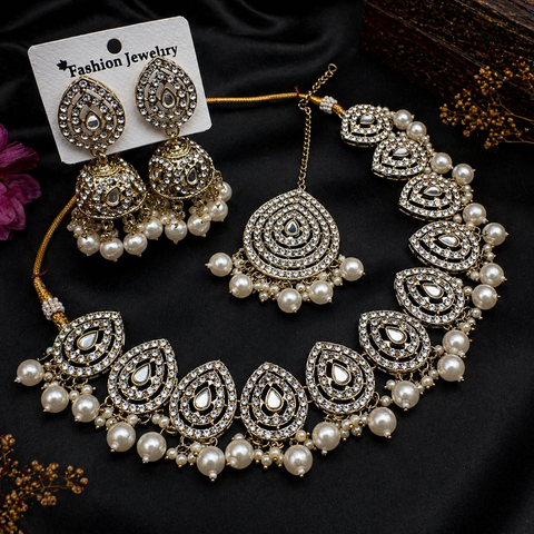 Jerkan stone with pearls beaded work beautiful necklace with jhumka and tikka set
