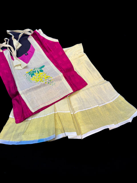 Gold Tissue based kids (Girls)Onam Special blouse and Skirt set