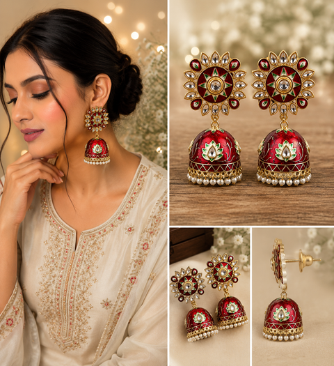 Meenakari with kundan stone studded beautiful Jhumka (slight variations in color and design is possible)