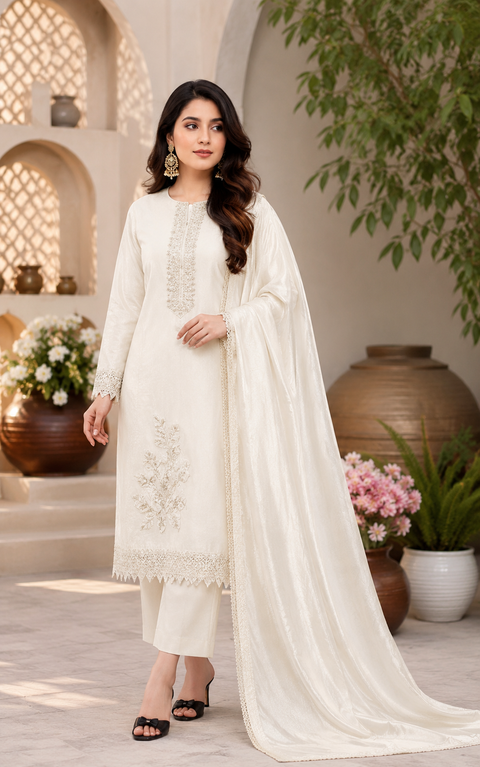 Soft Silk based embroidery work designer kameez with plazo pants and plain chinnon dupatta