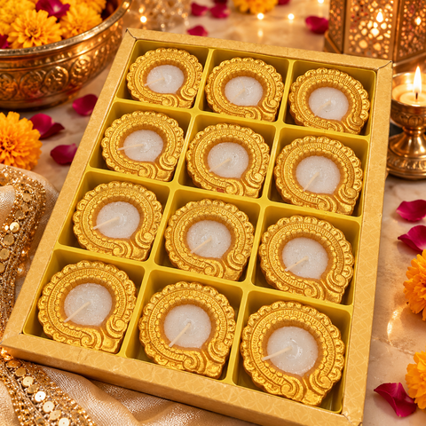 Beautiful 12-Piece Handmade Clay Diya Set with wax candles inside, finished in a festive gold look. Perfect for Diwali décor and gifting. As these are handmade clay diyas, slight cracks or minor variations may occur.