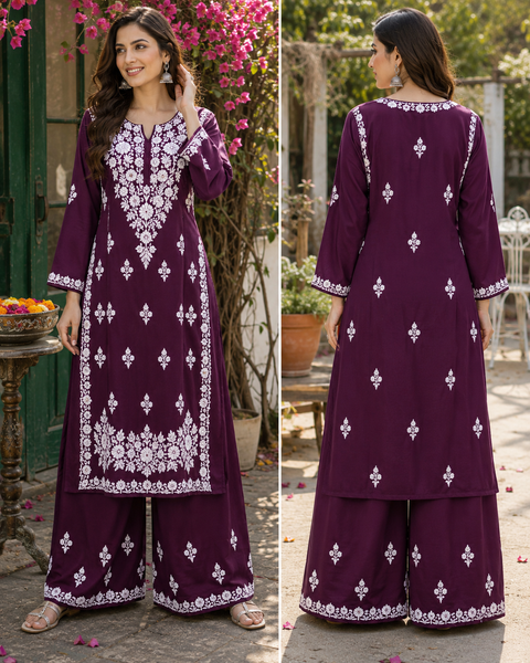 Very soft rayon-based kurti with elegant Lucknowi embroidery at front & back, giving it a graceful and timeless look. Pants are not included – this is kurti only. Slight variation in color and design is possible