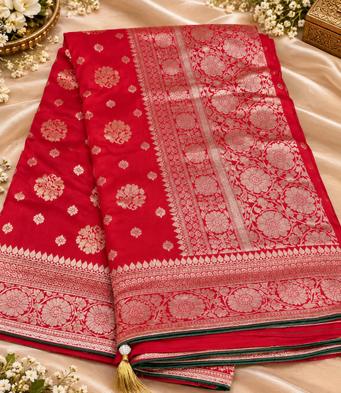 Luxuriously soft silk saree with a smooth, lightweight feel and beautifully flowy drape. Featuring rich woven zari floral motifs and an elegant detailed border .Blouse piece included. Slight variation in colour and design is possible.