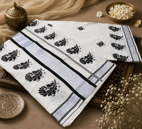 KERALA KASAVU COTTON SAREE WITH BEAUTIFUL PRINT (slight variation in color & design is possible)