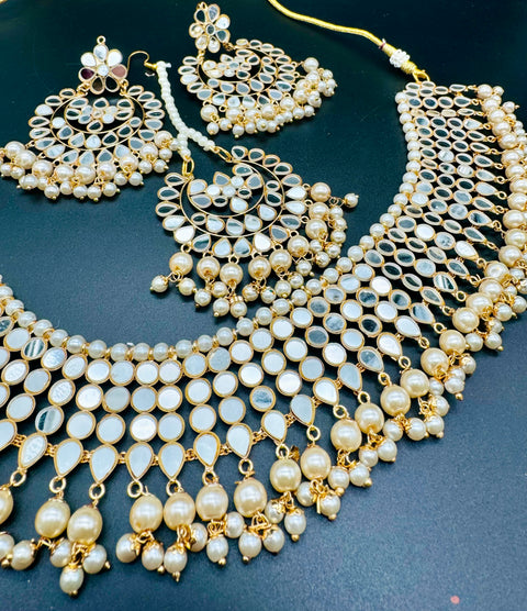 Pearls With Original Mirror Work Necklace Set With Earrings & Tikka