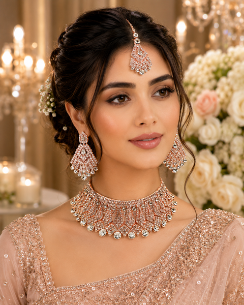 Rosegold & Silver Jerkan Stone Beautiful Necklace Set(slight variation in color and design is possible )